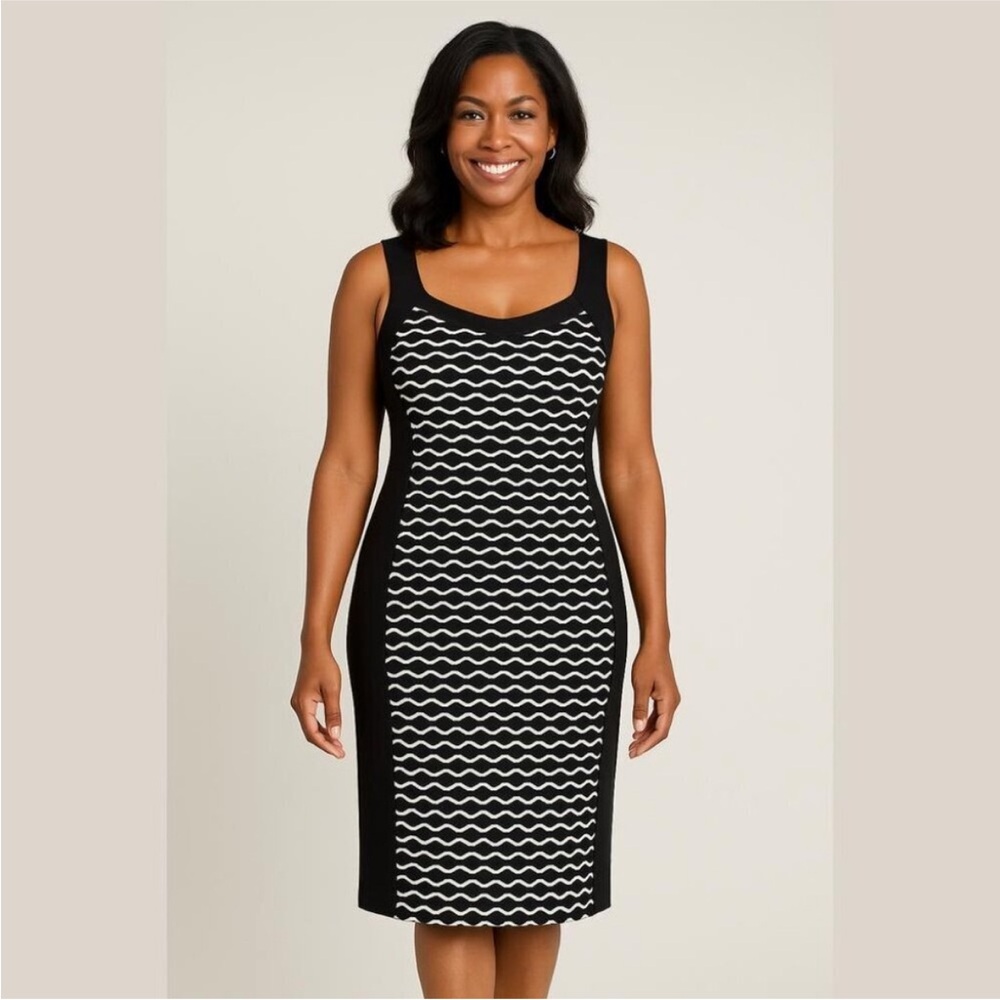 R&M Richards Black White Knit Bodycon Midi Dress Scoop Neck Sleeveless Size 8